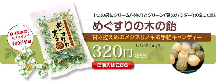 めぐすりの木の飴　1つの袋にクリーム（樹皮）とグリーン（葉のパウダー）の2つの味　甘さ控えめのメグスリノキお手軽キャンディー 320円（税込）