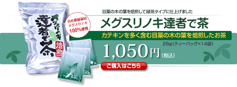 メグスリノキ達者で茶　カテキンを多く含む目薬の木の葉を焙煎したお茶　目薬の木の葉を焙煎して緑茶タイプに仕上げました　1,050円（税込）